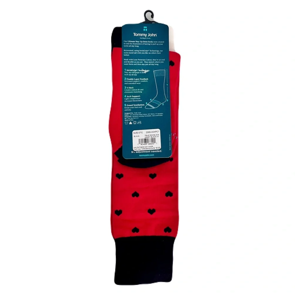 NWT Tommy John Red with Black Hearts Stay-Up Dress Socks, Size 8-13